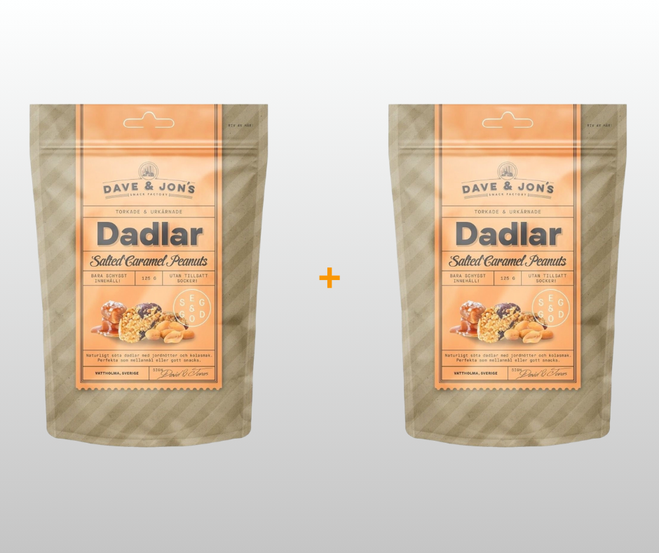 1 + 1 DATELES AR CARAMEL PEANUTS GARŠU DAVE & JON`S  2x125gr