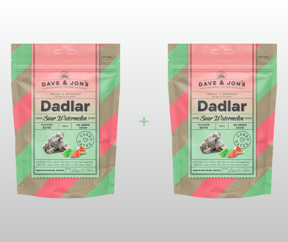 1 + 1 DATELES AR SOUR WATERMELON GARŠU DAVE & JON`S  2x125gr