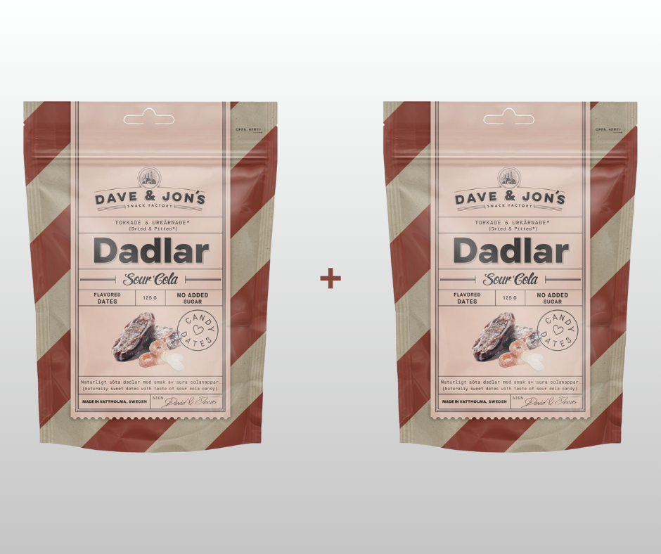 1 + 1 DATELES AR SOUR COLA GARŠU DAVE & JON`S  2x125gr
