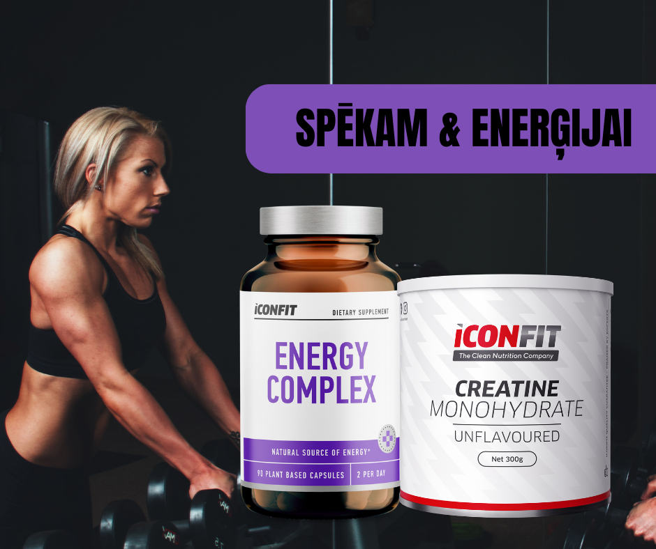 ENERĢIJAS KOMPLEKTS - KREATĪNA MONOHIDRĀTS 300gr + ENERĢIJAS KOMPLEKSS 90 kapsulas ICONFIT