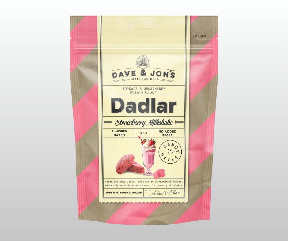DATELES AR STRAWBERRY MILKSHAKE GARŠU DAVE & JON`S  125gr