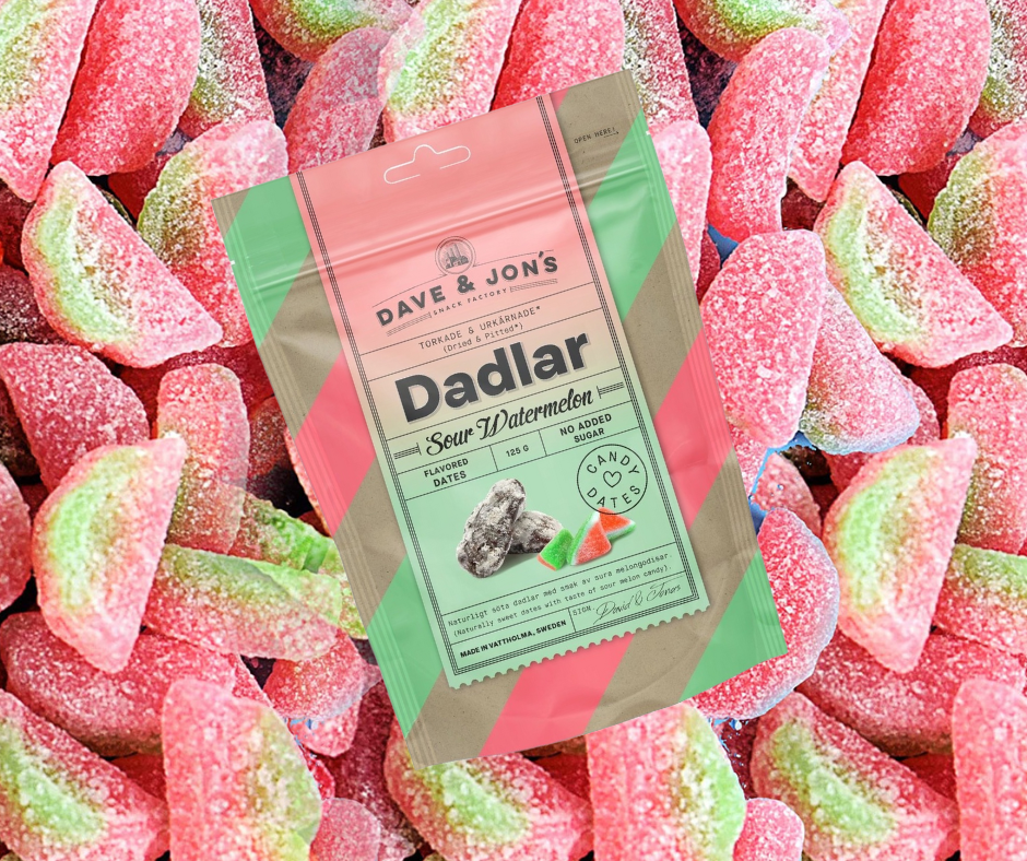 1 + 1 DATELES AR SOUR WATERMELON GARŠU DAVE & JON`S  2x125gr