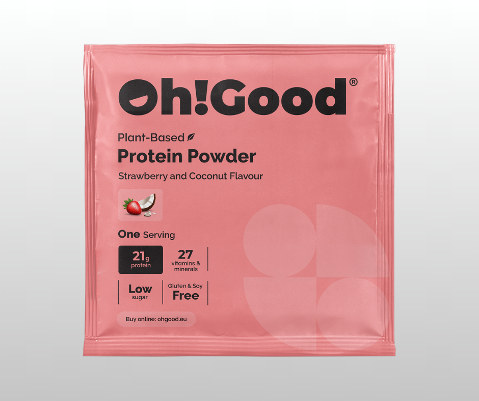 PROTEĪNA PULVERIS OH!GOOD ZEMENE/KOKOSRIEKSTS 1 PORCIJA 30g.