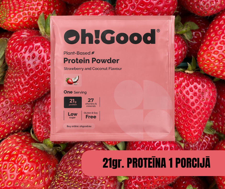 PROTEĪNA PULVERIS OH!GOOD ZEMENE/KOKOSRIEKSTS 1 PORCIJA 30g.