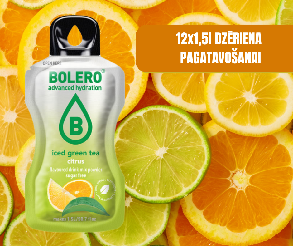Maisījums dzērienu pagatavošanai BOLERO citrusu zaļā ledus tēja (12x8gr)