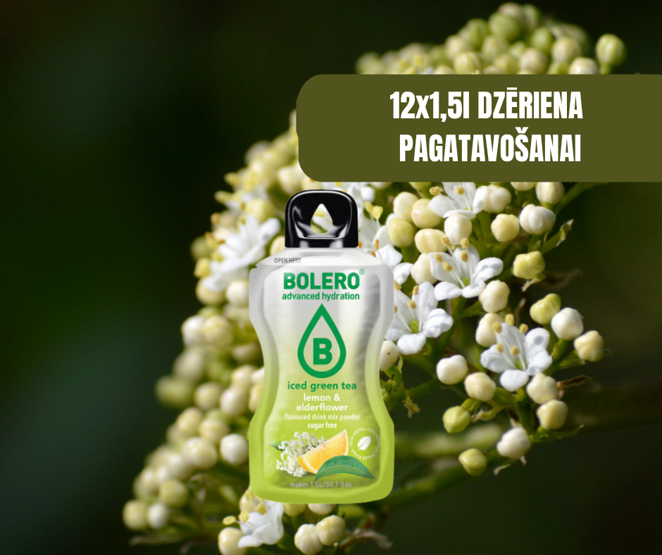 Maisījums dzērienu pagatavošanai BOLERO citrona-plūškoka ziedu zaļā ledus tēja (12x8gr)