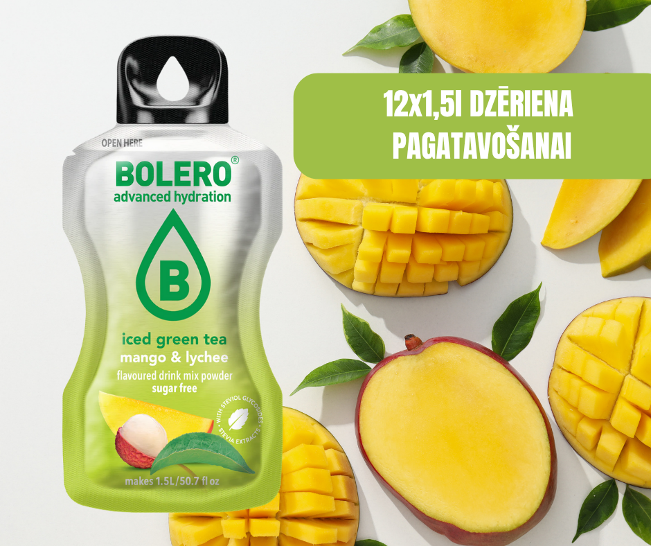 Maisījums dzērienu pagatavošanai BOLERO mango-līčijas zaļā ledus tēja (12x8gr)