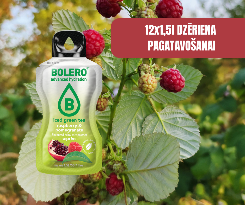 Maisījums dzērienu pagatavošanai BOLERO aveņu-granātābola zaļā ledus tēja (12x8gr)
