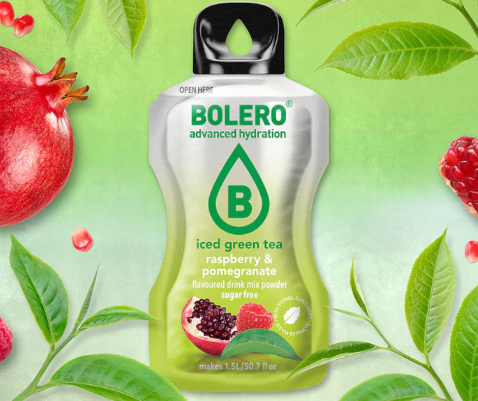 Maisījums dzērienu pagatavošanai BOLERO aveņu-granātābola zaļā ledus tēja (12x8gr)